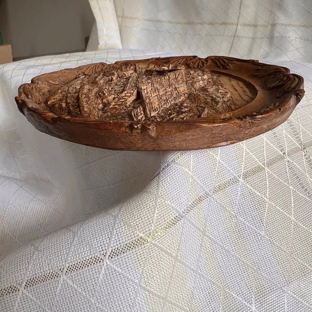 Vintage Austrian 3D Plate Decor, Faux Wood Carved Resin Pottery, Wall Decor